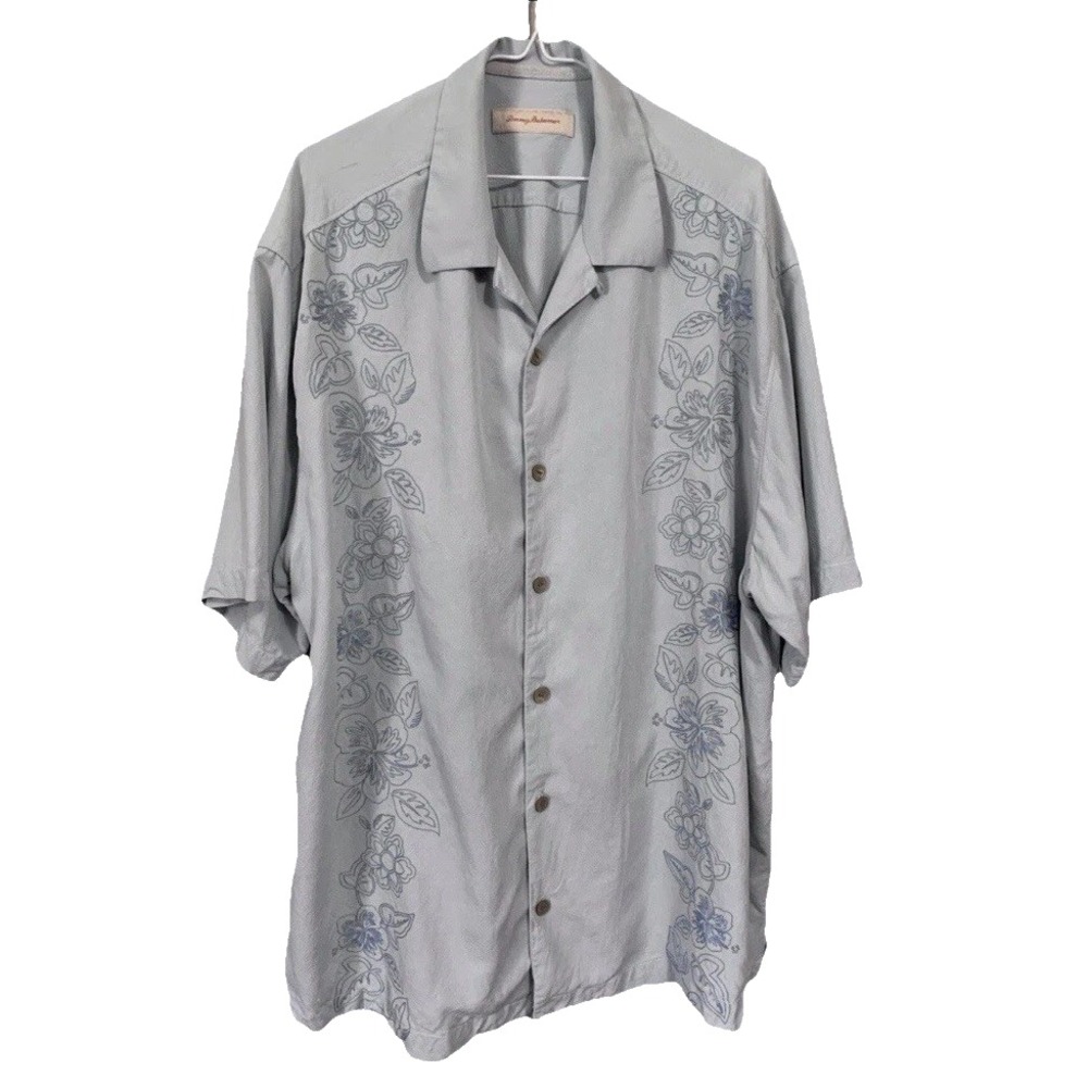 Tommy Bahama 1XB 100% Silk Short Sleeve Button Up Shirt Blue Floral Embroidered